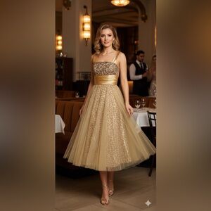 Prom Pageant Dress Gold Sequin Beads Full Tony Bowls Le Gala Evening Gown Size 4